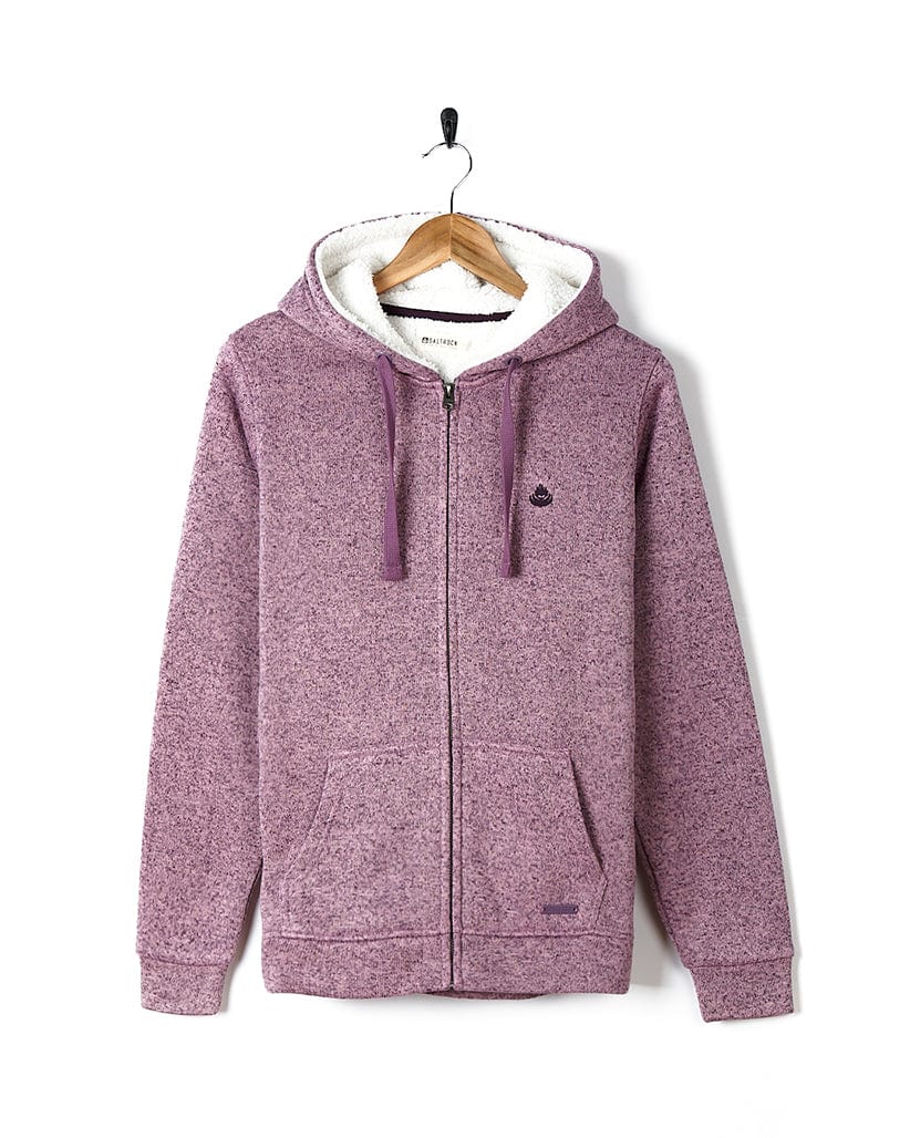 The Saltrock Farley - Lined Zip Hoodie - Purple is hanging on a hanger.
