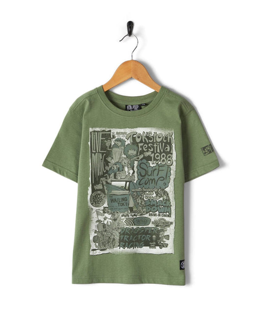 A boy's Saltrock Festival Merch - Kids Short Sleeve T-Shirt in Green with a design on it.