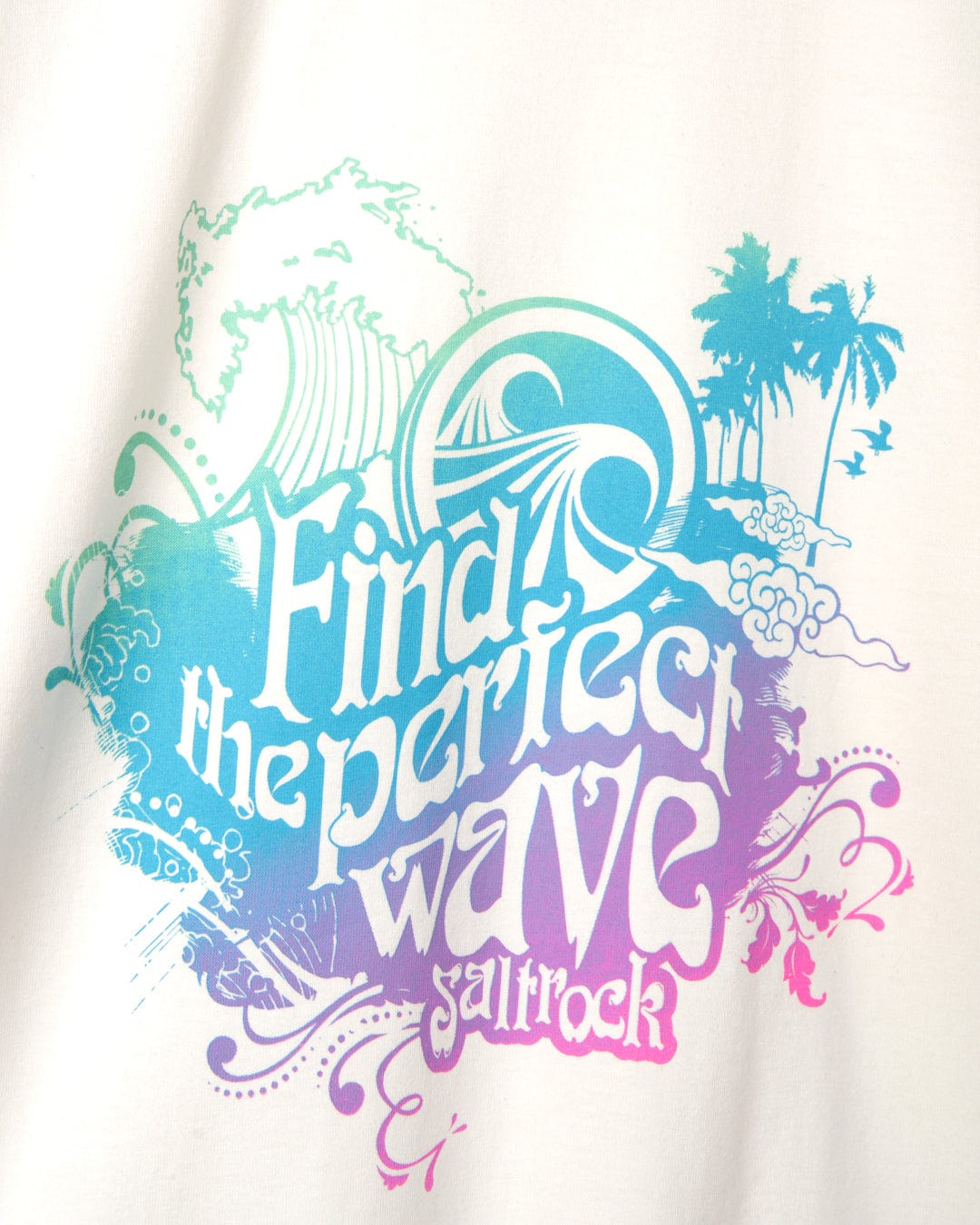 Saltrock Find The Perfect Wave - Womens Short Sleeve T-Shirt with a multi-colored graphic featuring ocean waves, palm trees, and the Saltrock logo.