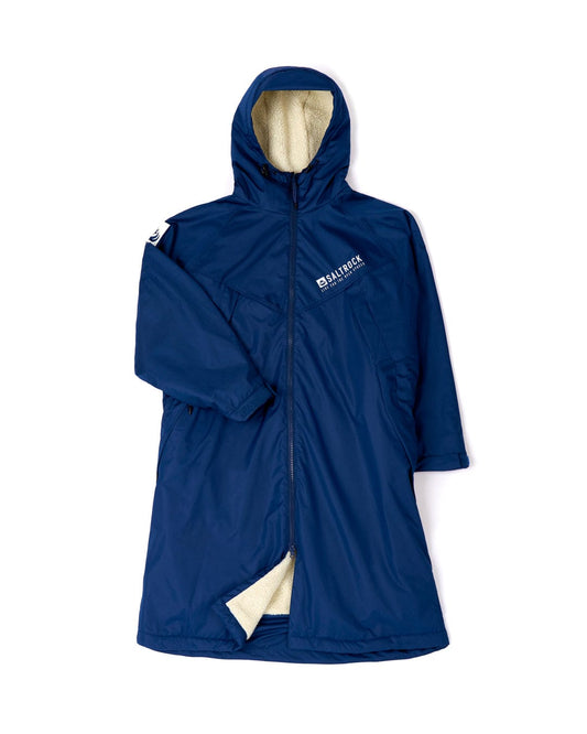 Blue Recycled Four Seasons Changing Robe jacket with a hood and white fleece lining, made from recycled material, displayed against a white background by Saltrock.