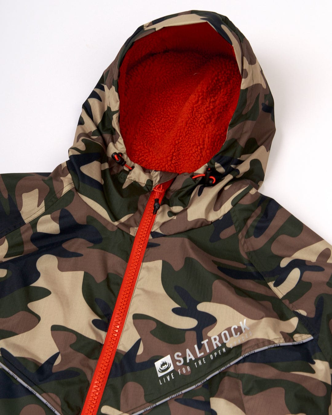 Saltrock's Recycled Four Seasons Changing Robe - Brown Camo with a red-lined hood and orange zipper, made from recycled material.