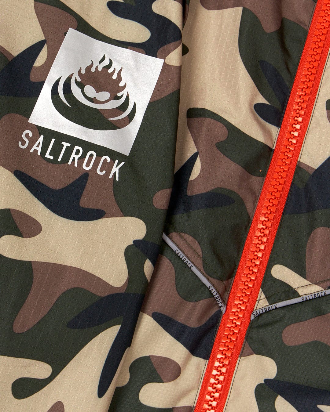 Recycled Four Seasons Changing Robe in Brown Camo with a Saltrock logo and a red zipper detail.