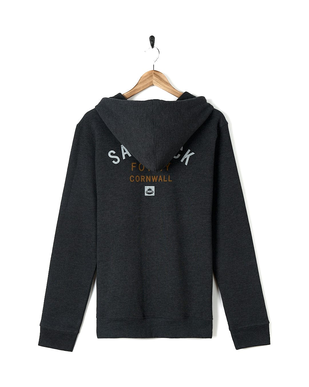 A Saltrock black hoodie with the word Location Zip Hoodie - Fowey - Dark Grey on it.