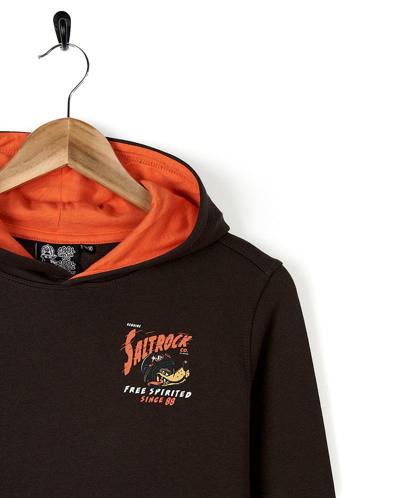 A black and orange Saltrock branded Free Spirit - Kids Pop Hoodie - Brown with a large printed graphic, featuring the word 'since' on it.