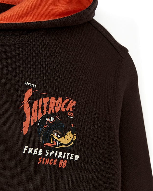 A Saltrock branded Free Spirit - Kids Pop Hoodie - Brown with a large orange printed logo and an open pocket.