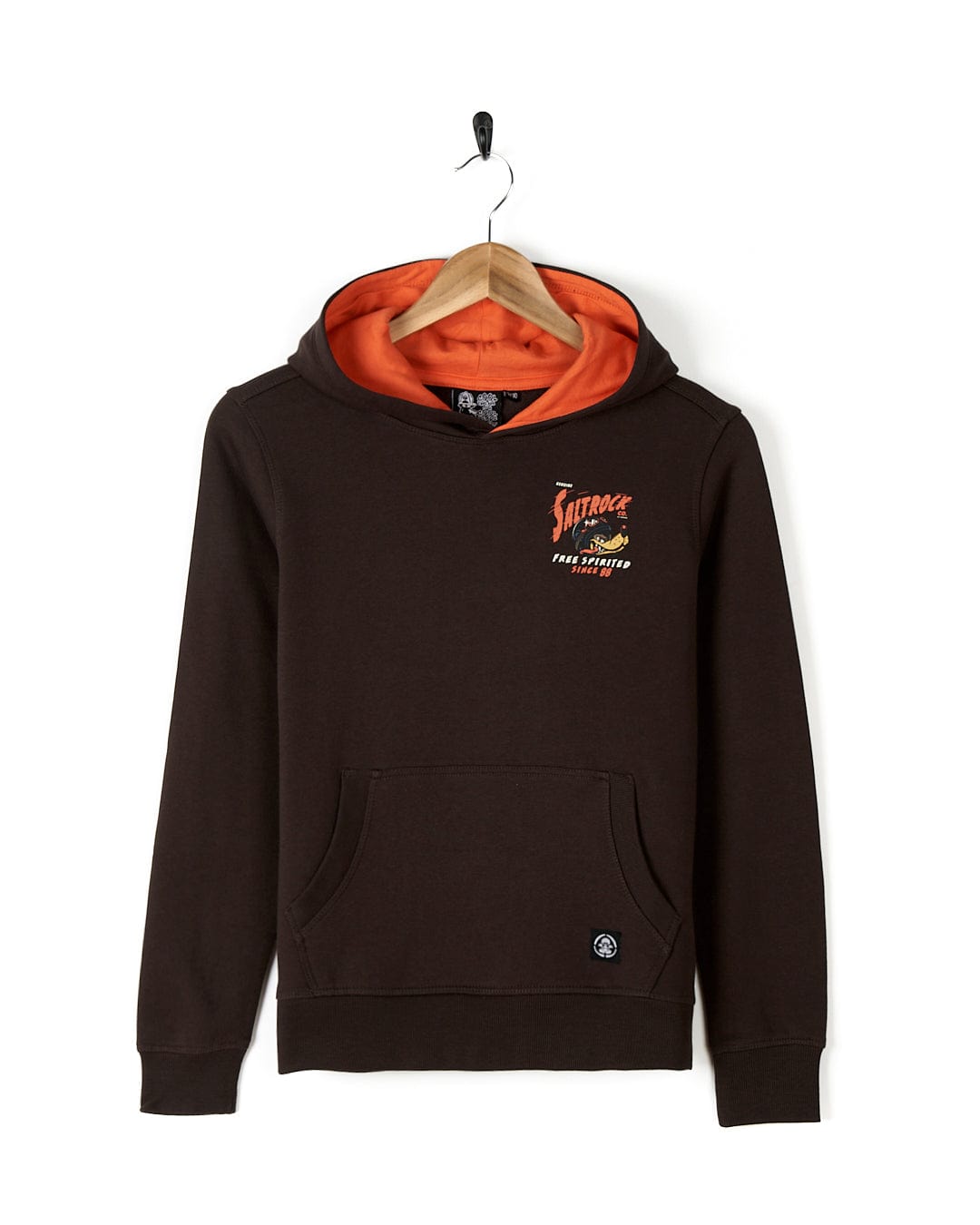 A Saltrock Free Spirit - Kids Pop Hoodie - Brown featuring a large printed graphic and an open pocket.