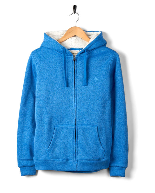 Galak - Womens Fur Lined Hoodie - Blue by Saltrock, with a zipper, hanging on a coat hanger against a white background.