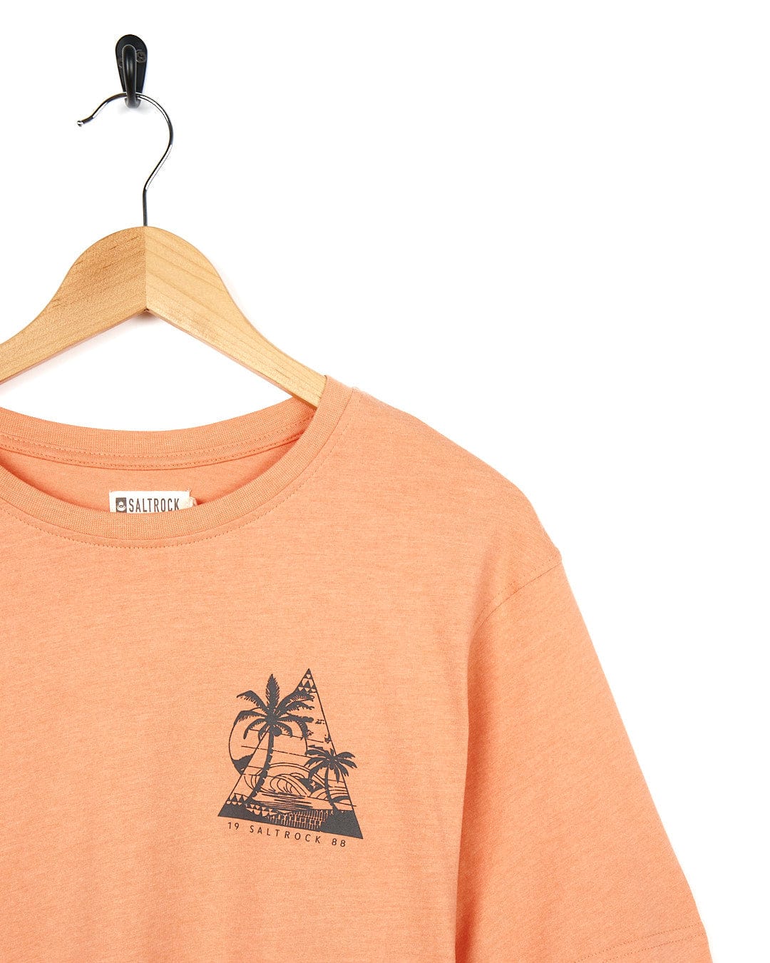 A Geo Beach - Mens Short Sleeve T-Shirt - Coral by Saltrock with a palm tree on it.