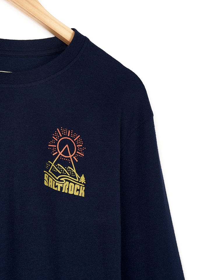 A Saltrock Geo Peak - Mens Long Sleeve T-Shirt - Dark Blue with an image of a mountain and sun.