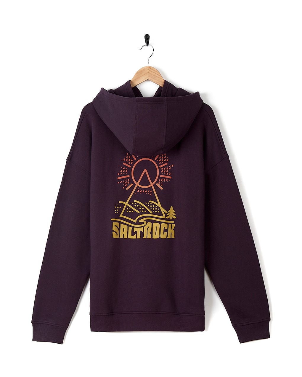A Geo Peak - Mens Oversized Snood Pop Hoodie - Dark Purple with an image of a mountain on it. (Saltrock)