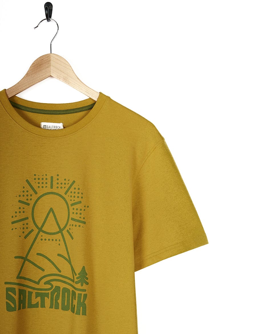 A Saltrock Geo Peak - Mens Short Sleeve T-Shirt - Yellow with a mountain and sun on it.