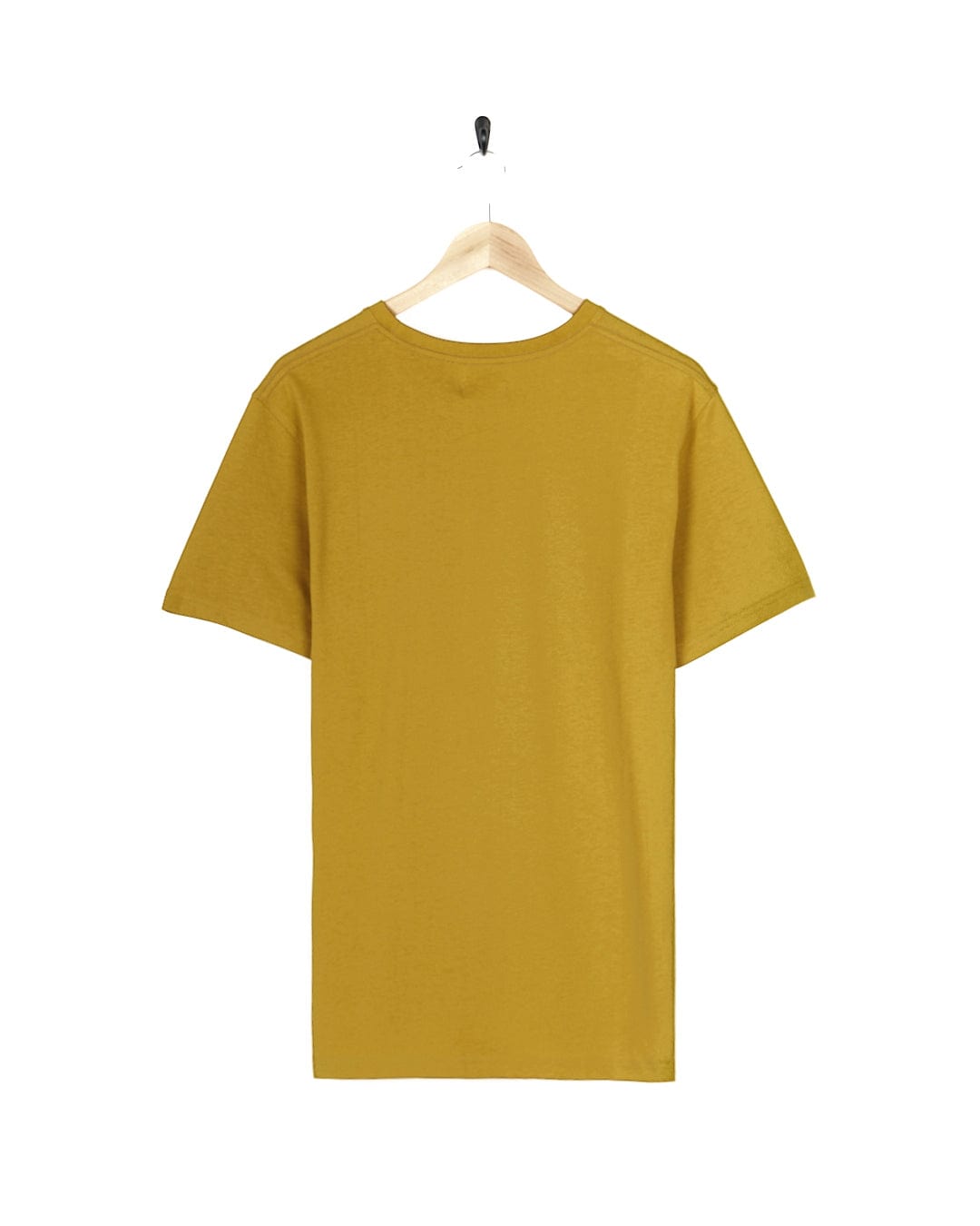 A Saltrock Geo Peak - Mens Short Sleeve T-Shirt - Yellow hanging on a hanger.