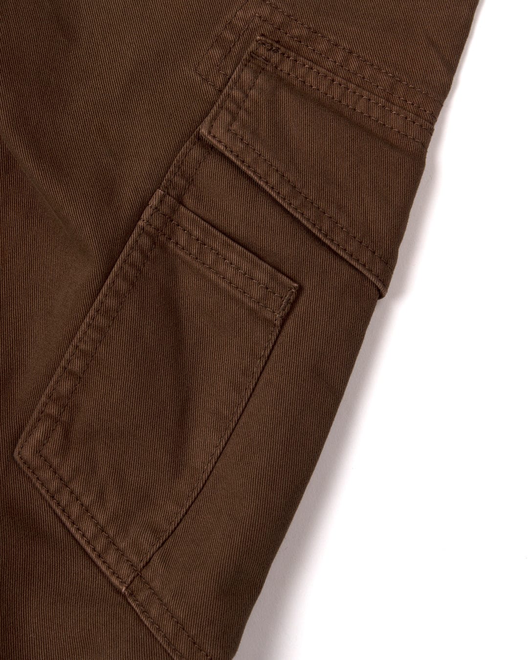 Close-up view of a Saltrock Godrevy 2 - Mens Cargo Trousers - Brown pocket detailing on a white background.