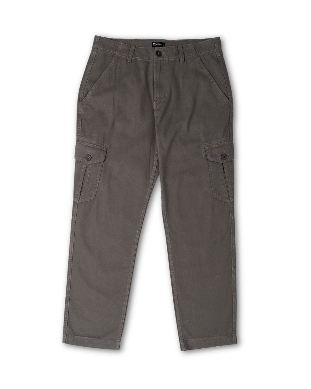 A pair of dark grey, 100% cotton cargo pants with belt loops isolated on a white background - Godrevy 2 Mens Cargo Trousers by Saltrock.