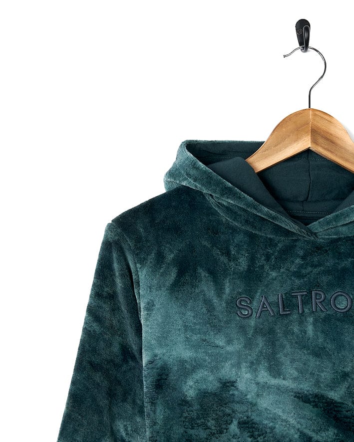 A Gracie - Womens Tie Dye Velour Pop Hoodie - Dark Green with the brand name Saltrock on it.