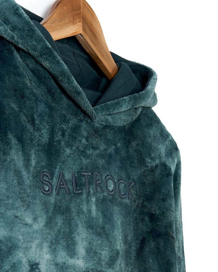 A Gracie - Womens Tie Dye Velour Pop Hoodie - Dark Green with the brand name Saltrock on it.