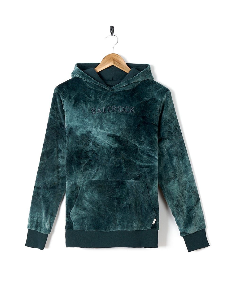 A Gracie - Womens Tie Dye Velour Pop Hoodie - Dark Green Saltrock hoodie hanging on a hanger.