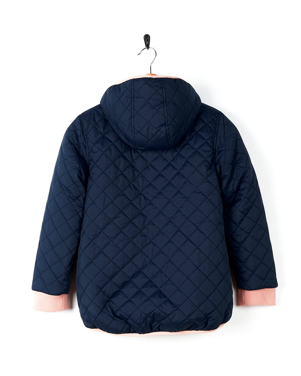 A Saltrock Hadleigh - Reversible Coat - Blue/Cream with fur lining hanging on a hanger.