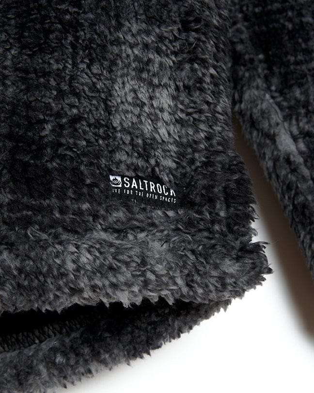 A dark grey Halycon - Mens Fleece Hoodie with a Saltrock branding logo on it.