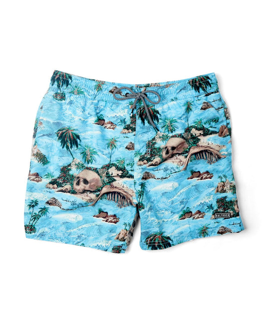 Saltrock's Hawaiian Isle Men's Swimshort in Blue features a mesh lining and a tropical print with skulls, palm trees, and turtles on a turquoise background.