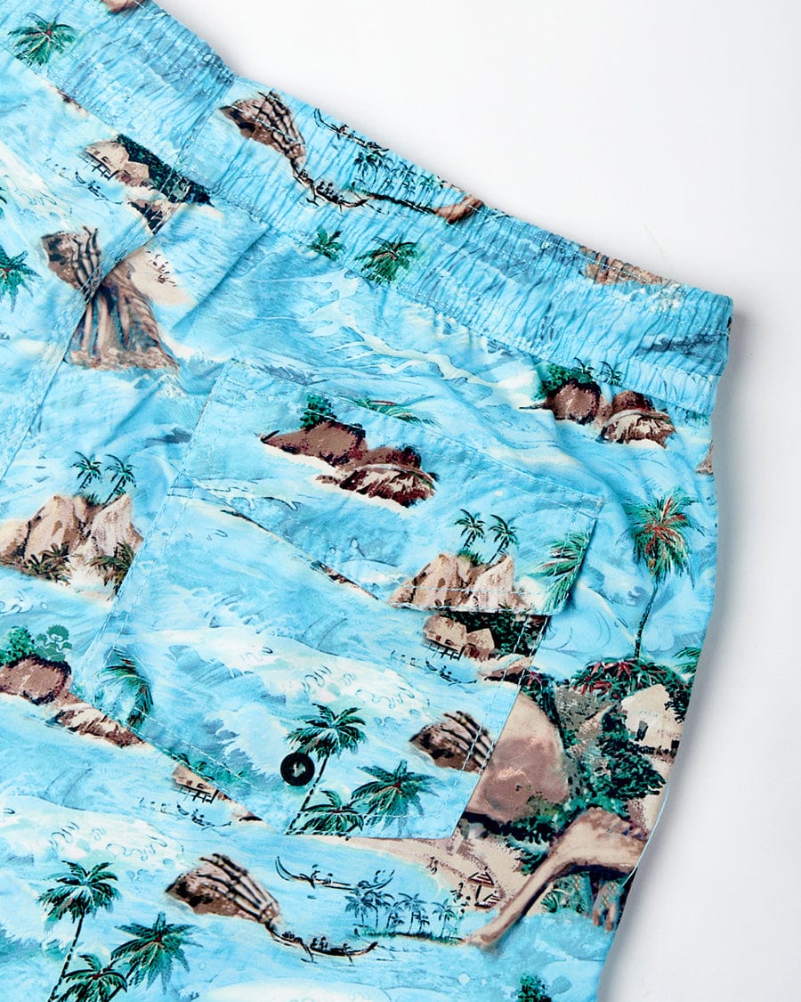 Saltrock's Hawaiian Isle - Mens Swimshort in blue features a skull desert island and palm tree print on a white background.