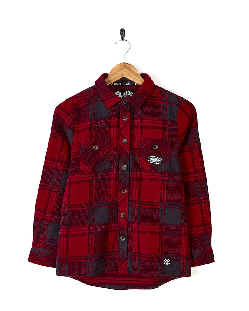 A Saltrock Hawkins - Hooded Long Sleeve Check Shirt - Red made from a durable cotton fabric, with Saltrock branding.