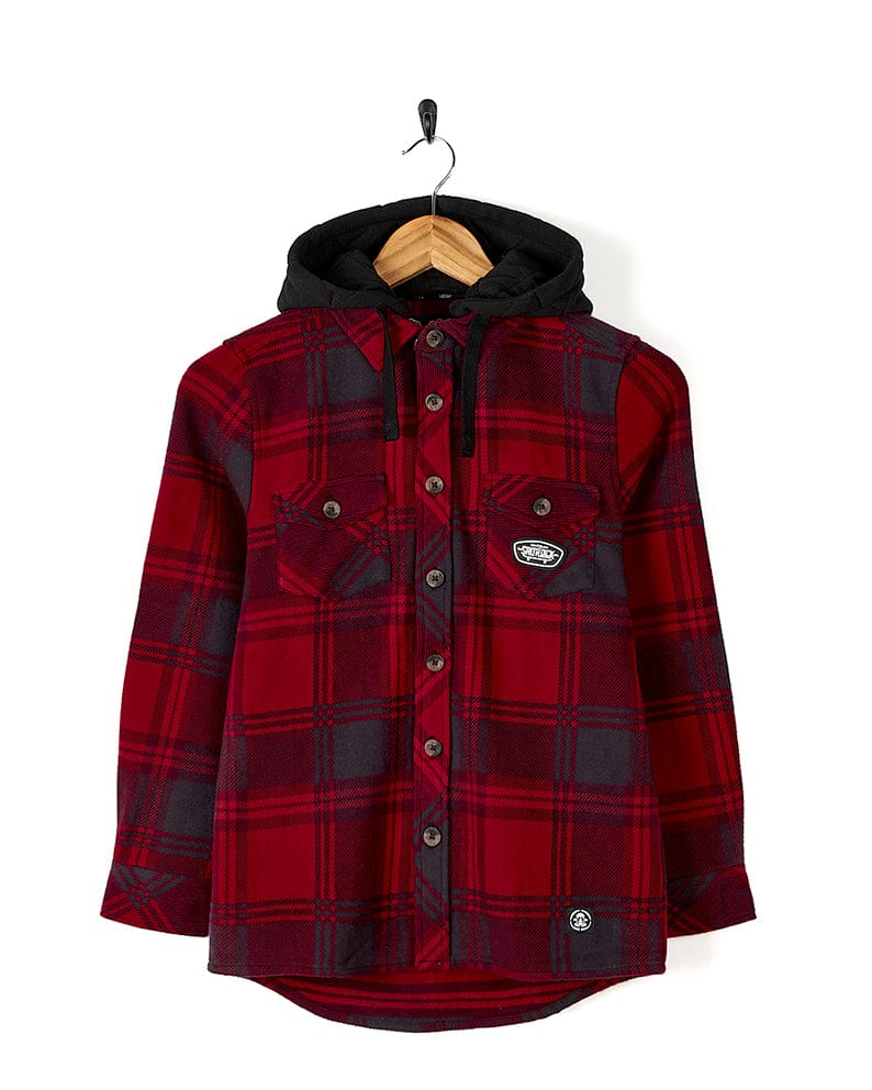 A Saltrock - Hawkins Hooded Long Sleeve Check Shirt - Red with a detachable hood made of durable cotton fabric.