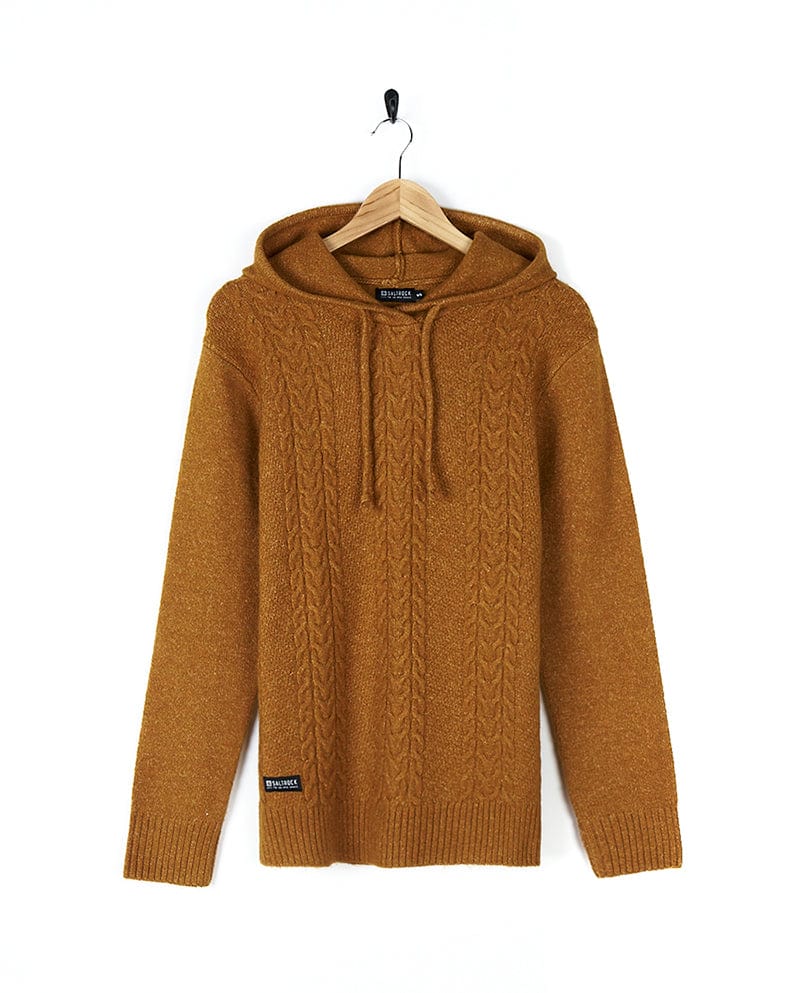 A Saltrock Hele Bay 2 - Womens Knitted Jumper - Yellow with a cable knit on a hanger.