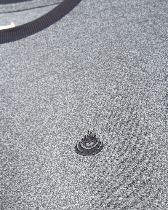 A vintage Saltrock Helston - Men's Ringer T-Shirt - Grey featuring a black logo, creating a timeless and classic look.