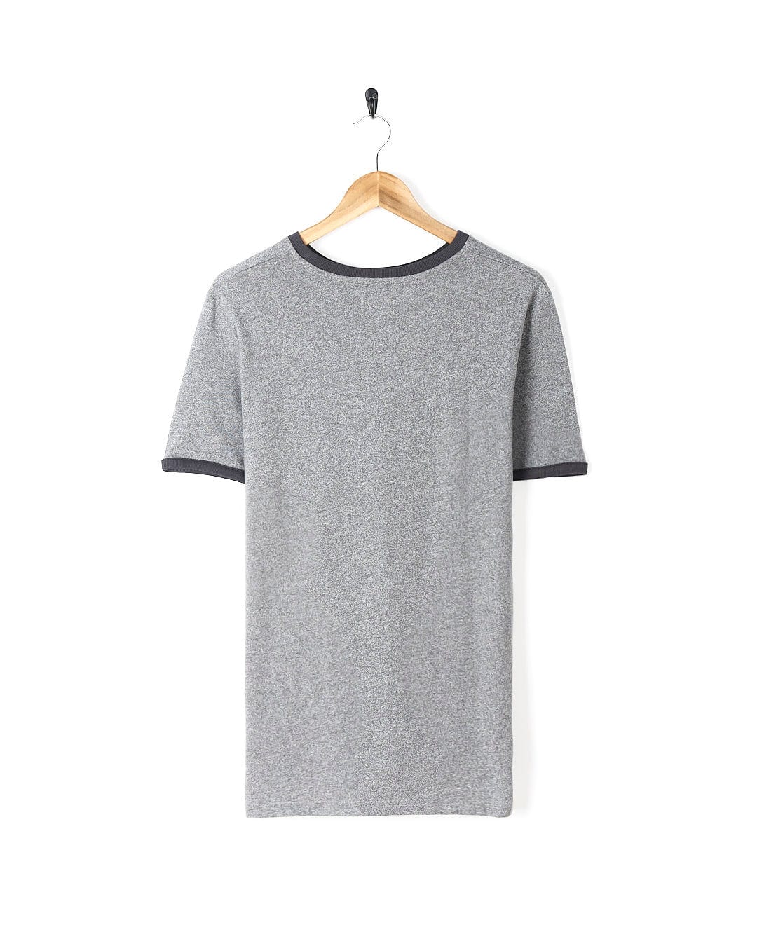 A Saltrock Helston - Mens Ringer T-Shirt - Grey gracefully hanging on a wooden hanger.