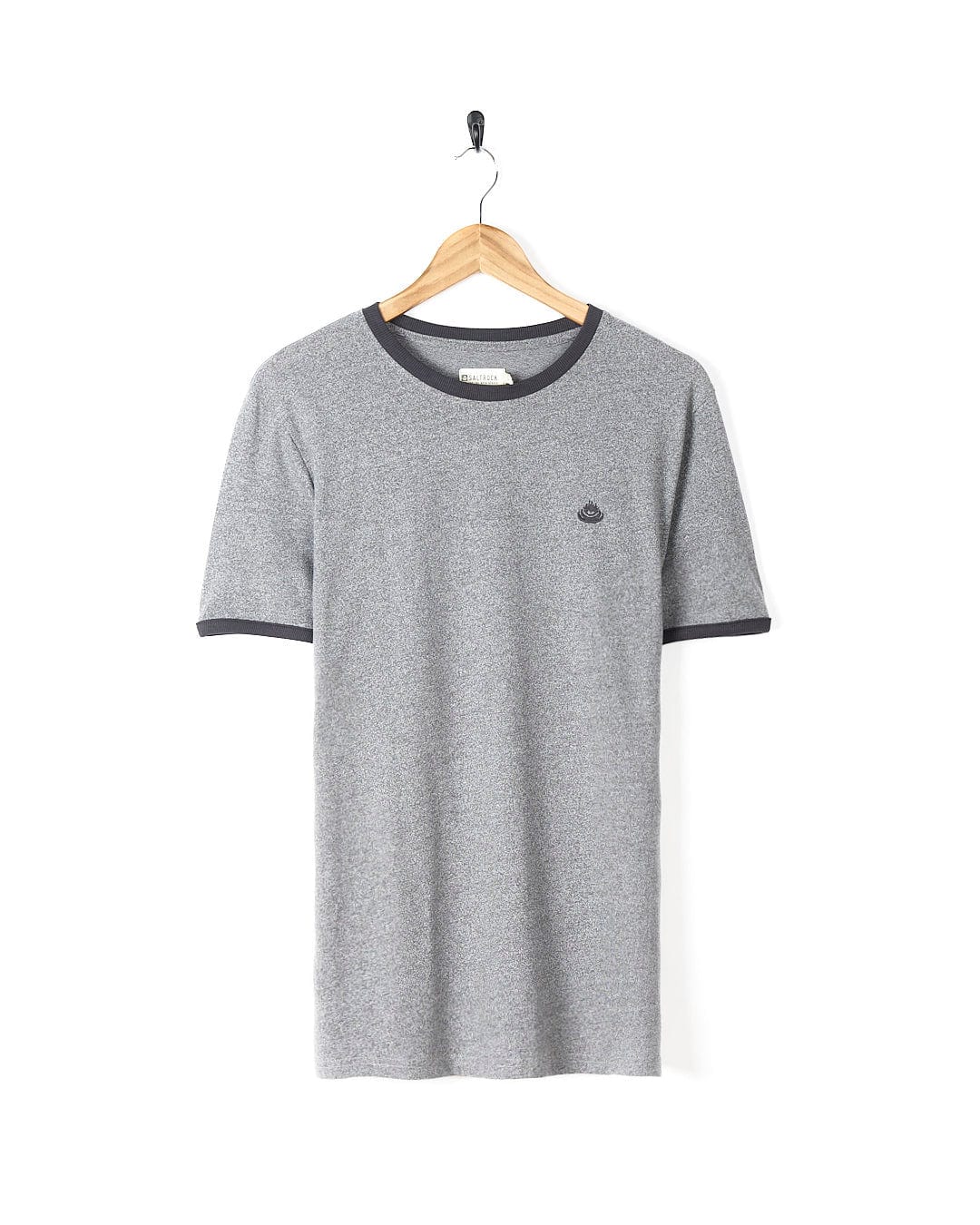 The Saltrock Helston - Mens Ringer T-Shirt - Grey is hanging on a wooden hanger.