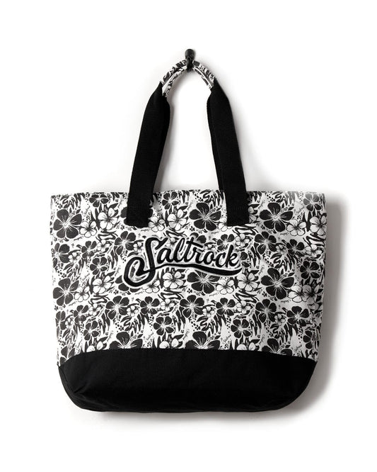 Hibiscus Shopper Bag - Black with Saltrock branding and floral print.