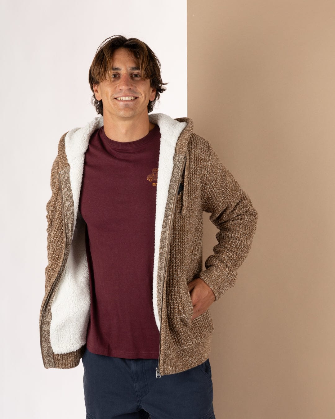 Markus - Mens Borg Lined Knitted Zip Hoodie - Brown