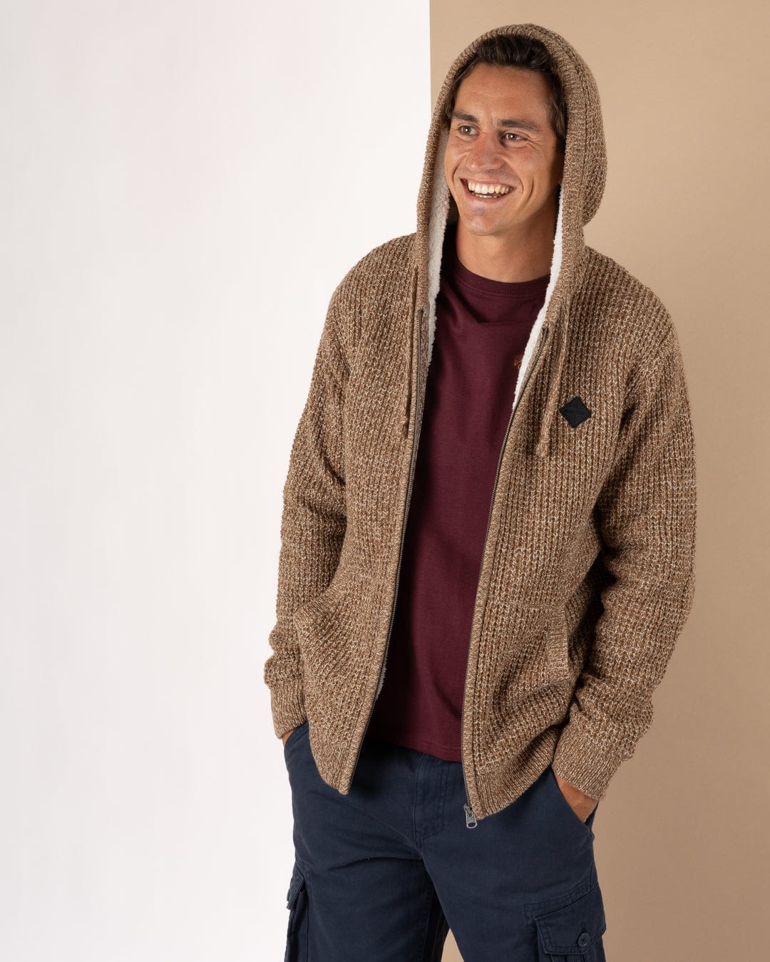 Markus - Mens Borg Lined Knitted Zip Hoodie - Brown