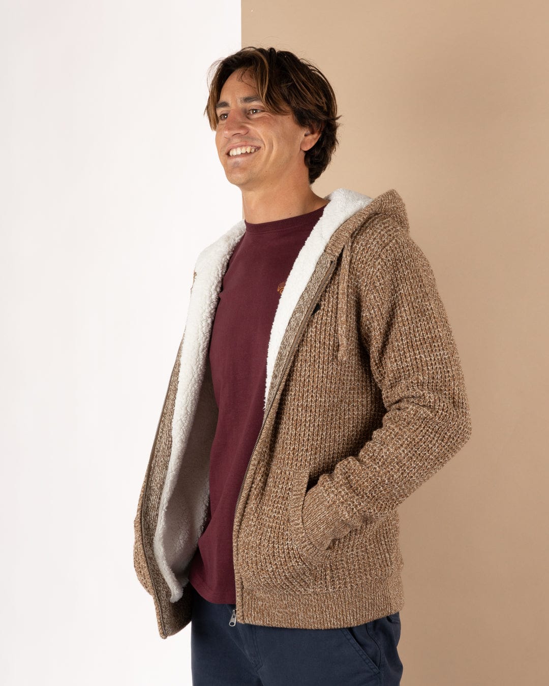 Markus - Mens Borg Lined Knitted Zip Hoodie - Brown