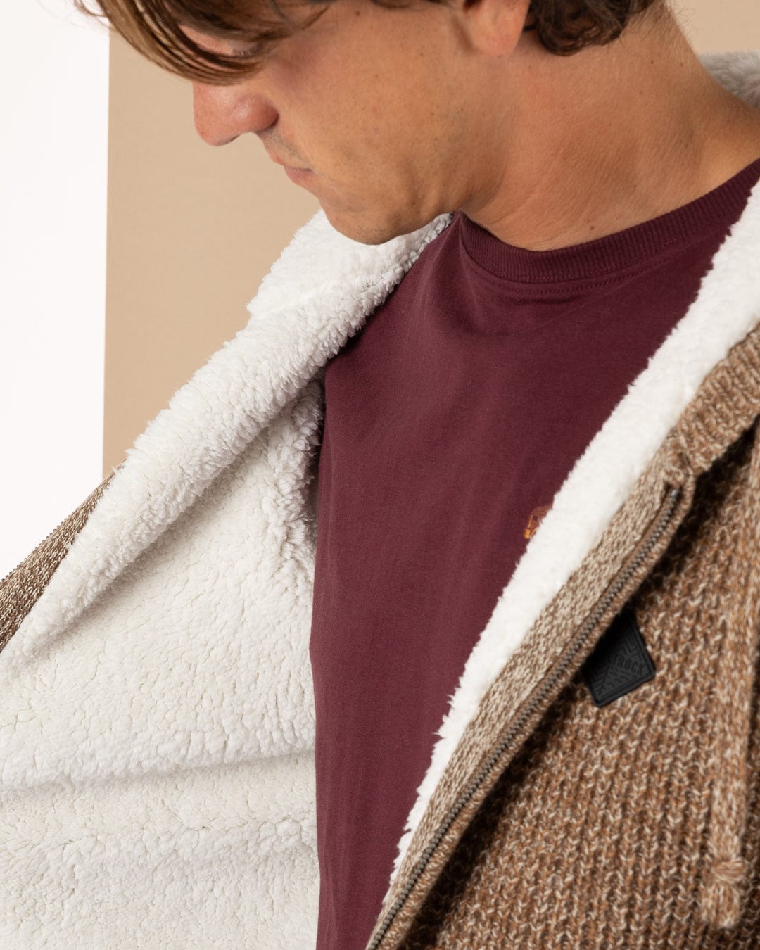 Markus - Mens Borg Lined Knitted Zip Hoodie - Brown