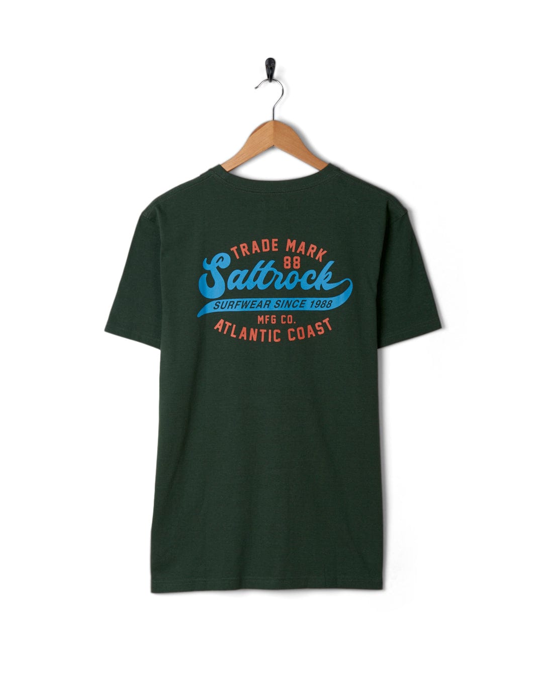 A Saltrock Home Run - Mens Short Sleeve T-Shirt - Dark Green with a branding logo in blue and orange.