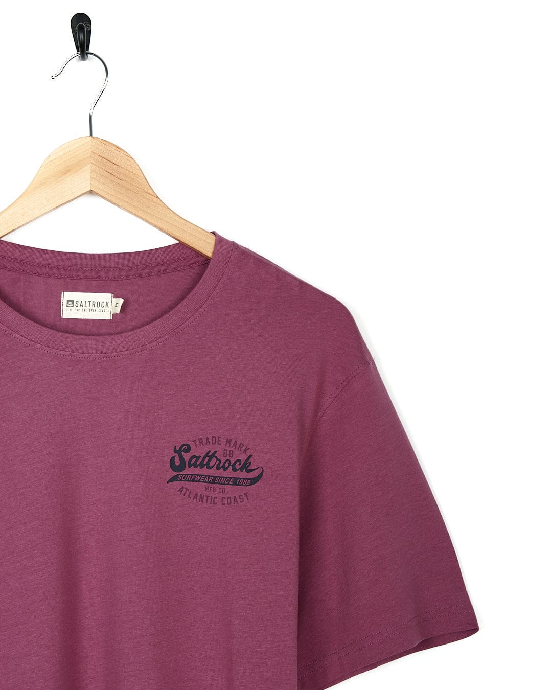 A Saltrock Home Run - Mens Short Sleeve T-Shirt - Dark Pink with a heritage logo.