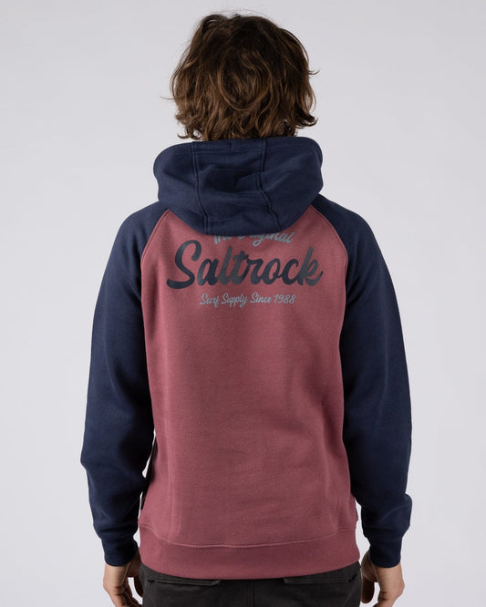 Postcard Script Mens Raglan Pop Hoodie in Dark Pink/Blue