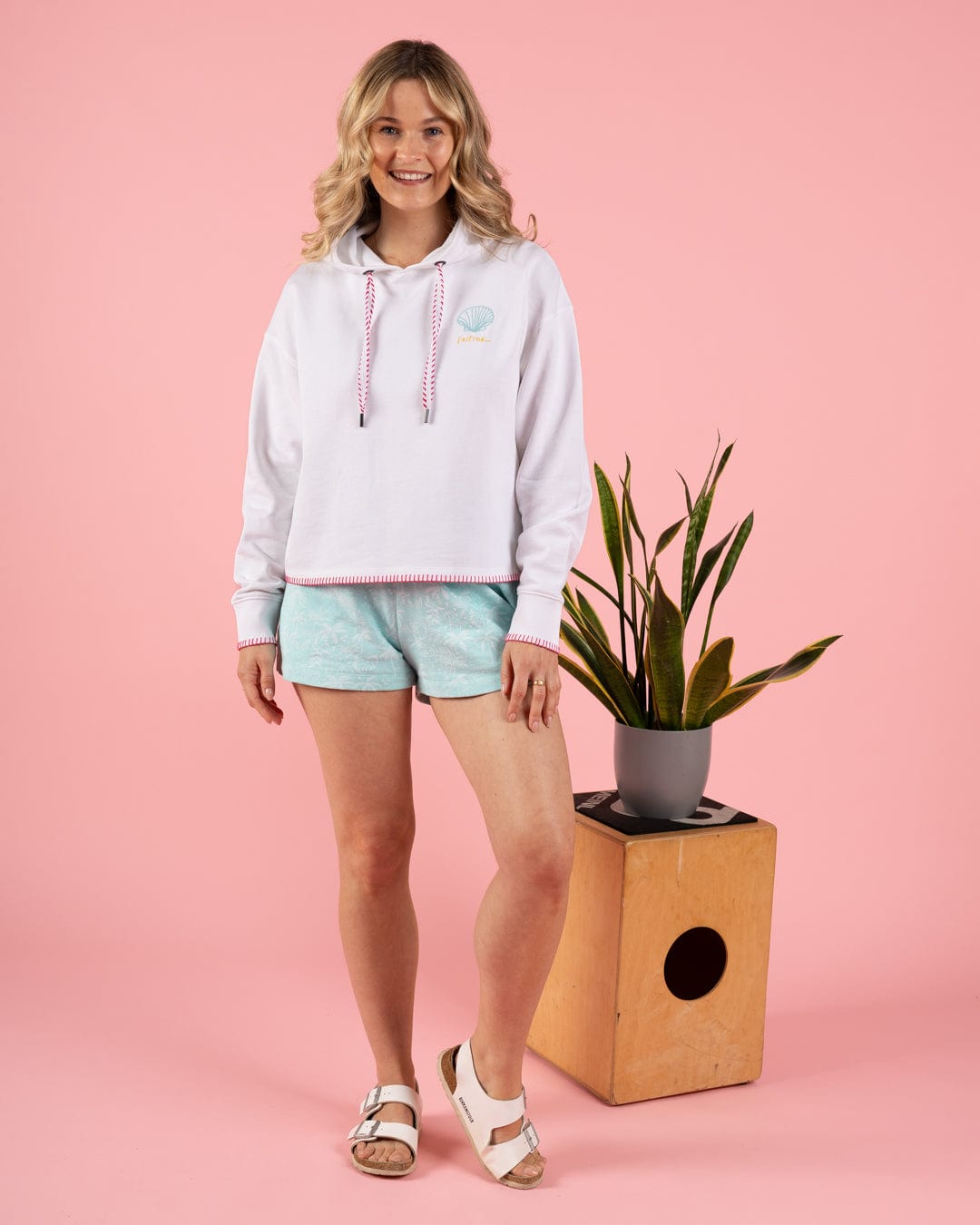 Shell Tile - Womens Cropped Pop Hoodie - White