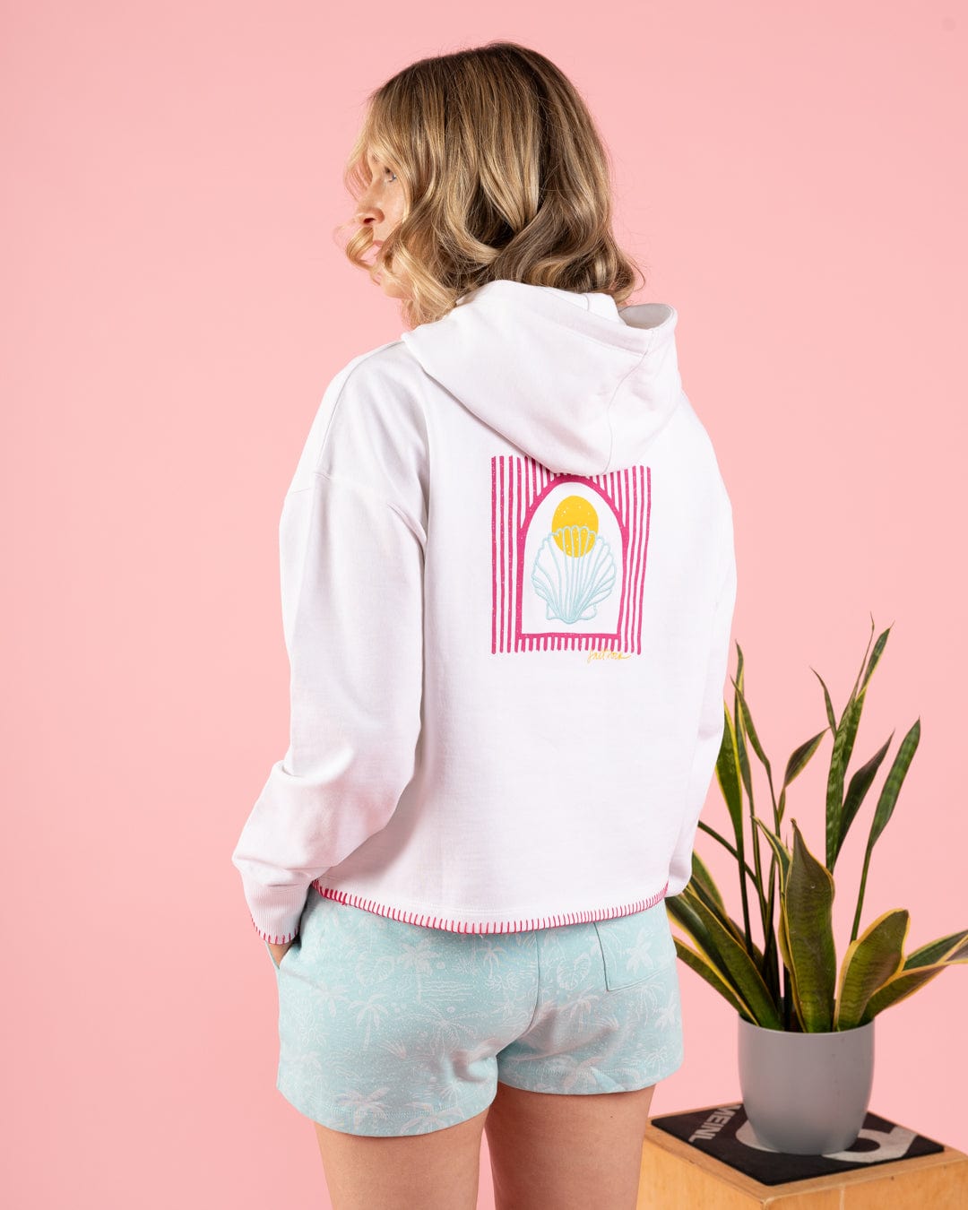 Shell Tile - Womens Cropped Pop Hoodie - White