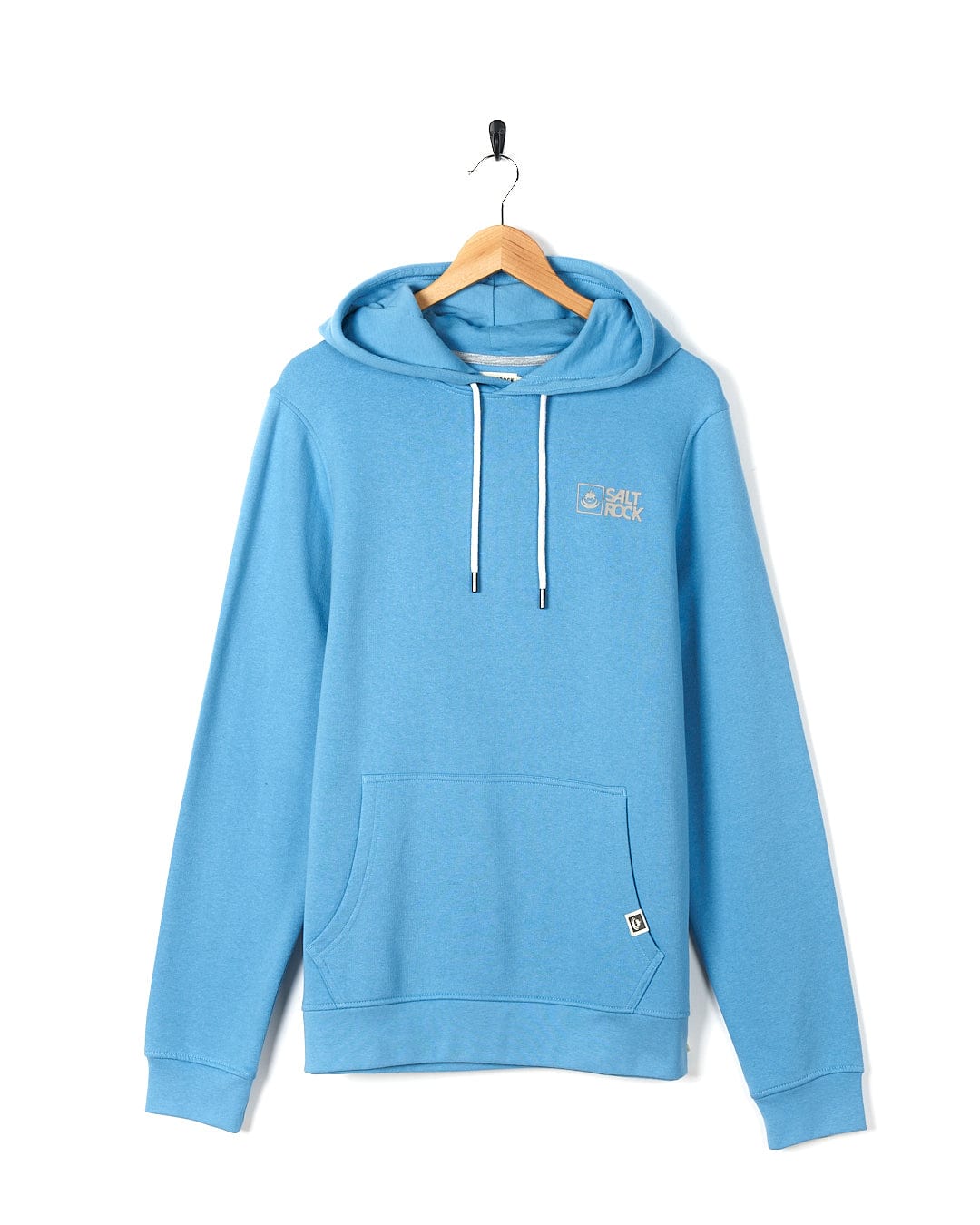 A Saltrock Original 20 - Mens Pop Hoody - Light Blue hanging on a hanger.