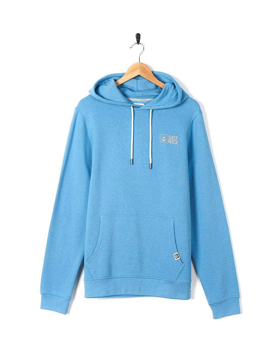 A Saltrock Original 20 - Mens Pop Hoodie - Light Blue with draw cord hood hanging on a hanger.