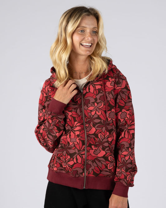 Fleur Womens Floral Zip Hoodie in Red