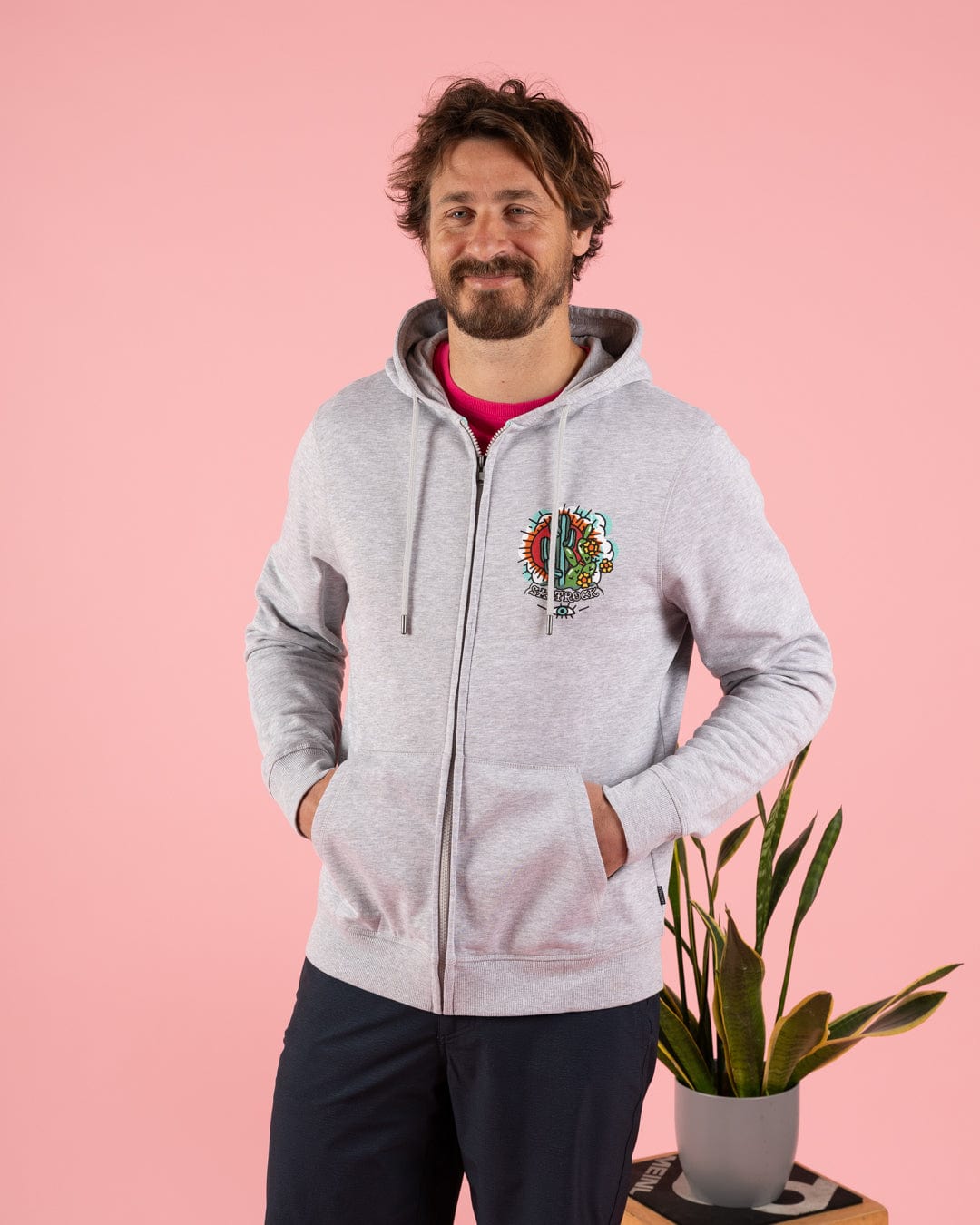 Cactus Tattoo - Mens Zip Hoodie - Grey