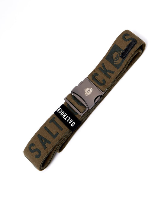 A quality belt with the word "Saltrock" on it, featuring a metal clip buckle.