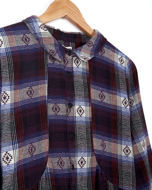 An Ivy - Womens Jacquard Check Shirt Dress - Purple by Saltrock on a wooden hanger.