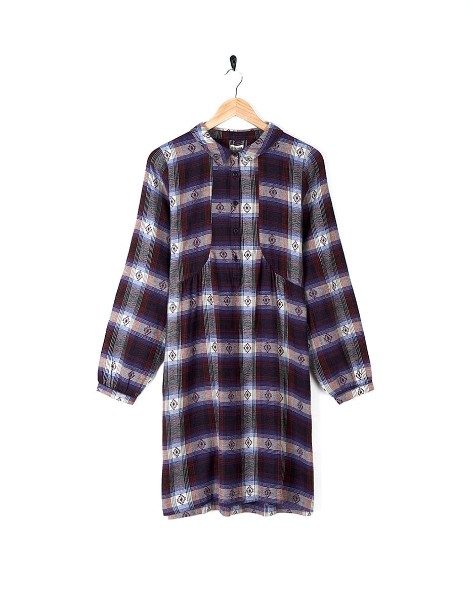 A Saltrock - Ivy Womens Jacquard Check Shirt Dress - Purple hanging on a hanger.