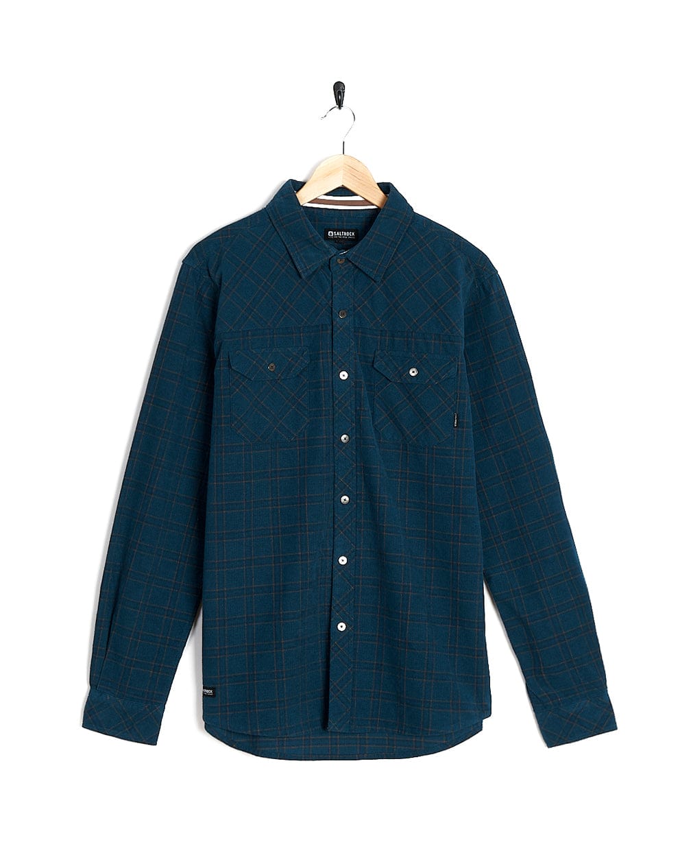 A Saltrock - Jaxon Mens Check Long Sleeve Shirt - Dark Blue hanging on a hanger.