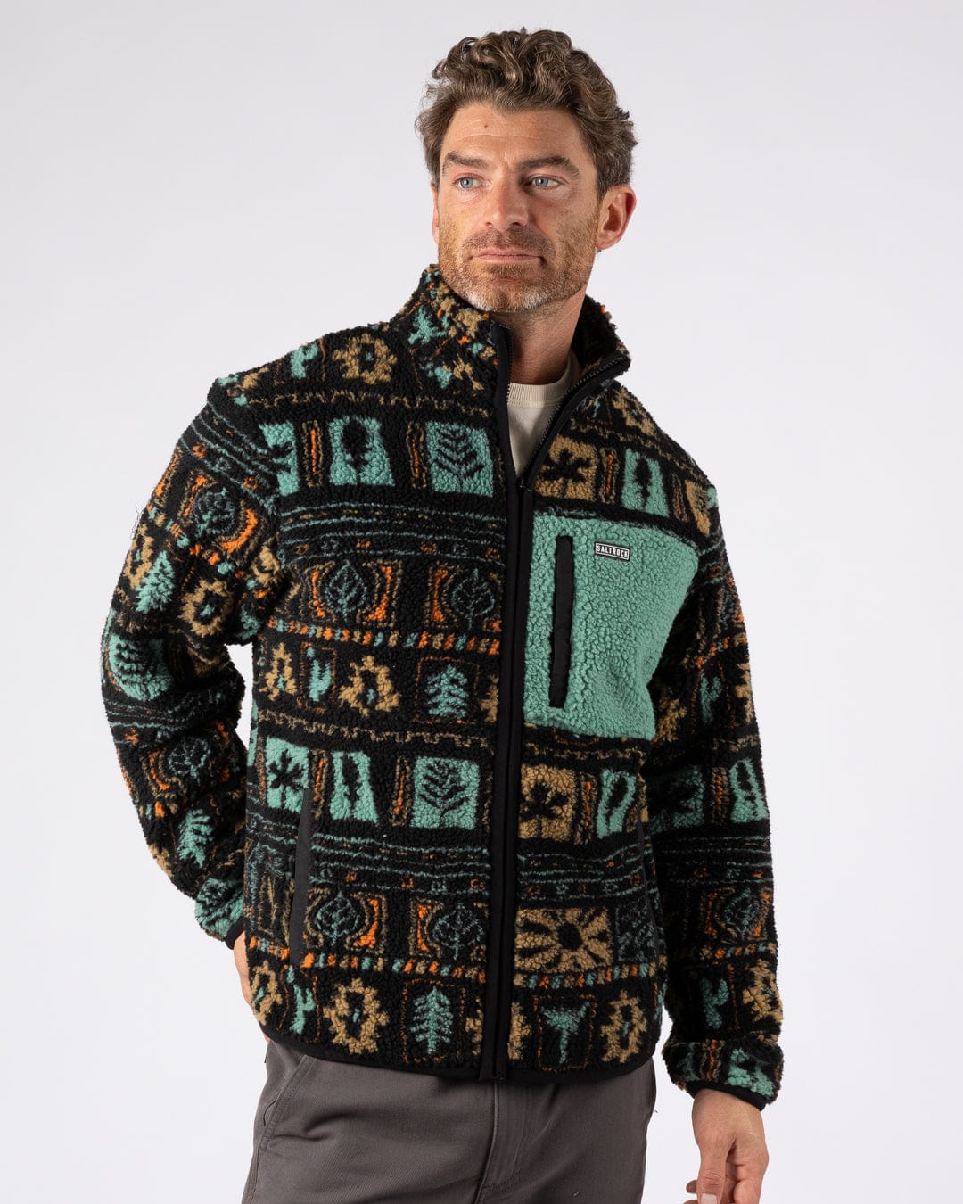 Wye Aztec - Mens Borg Zip Fleece - Black/Green